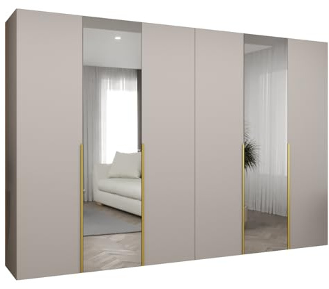 MEBLE KRYSPOL - Kleiderschrank mit Spiegel - Drehtürenschrank - Schrank 300 x 202 x 52 cm - Garderobenschrank Schlafzimmer, Flur, Jugendzimmer - Kaschmir, Griff Gold - Alicante 2