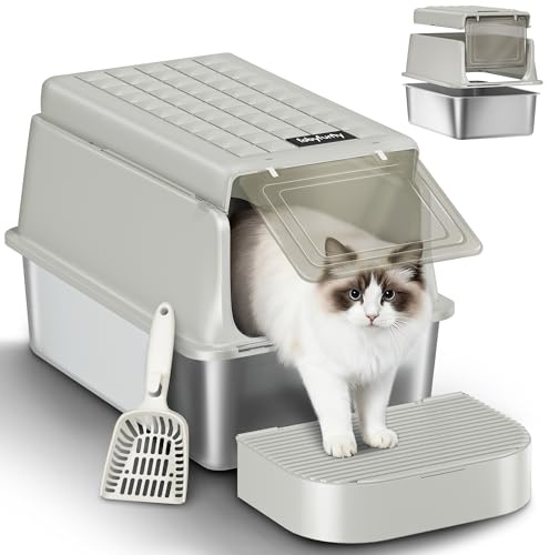 Fobyfurny Edelstahl-Katzenklo mit Deckel, XXL Geschlossene Metall-Katzenklo, Katzentoiletten mit Schaufel und Fußstufe, Herausnehmbar, 120° Klappdeckel, Leicht zu Reinigen, Cremegrau, FPLB001SG1
