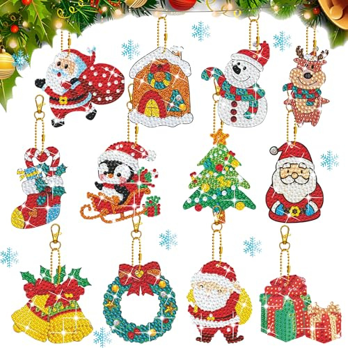 12PCS Diamond Painting Anhänger Weihnachten Diamanten Painting Schlüsselanhänger DIY Set,5D Doppelseitig Diamant Painting Schlüsselbund,Kreativ Set für Kinder Erwachsene Basteln Weihnachtsbaum Deko