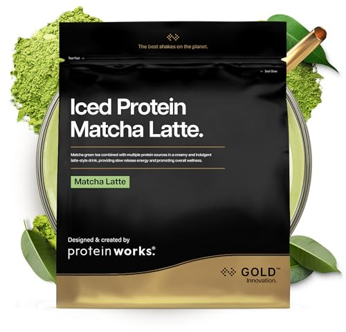 Protein Works | Iced Protein Matcha Latte - Gold, 33 Servings, 1kg | Premium Matcha Green Tea, Whey Protein Blend, 70mg Caffeine, High Protein, No Added Sugar, Supports Focus & Alertness