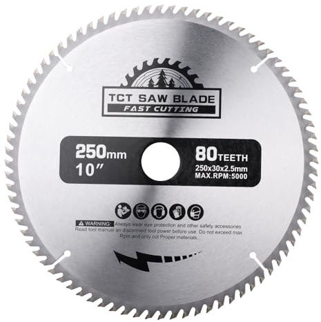 BALUGAEA HM Kreissägeblatt 250x30 mm, 80 Zähne, Sägeblatt für Holz | HM-Sägeblatt mit 2,5 mm Schnittbreite, inkl. 3 Reduzierringen (16/20/25,4 mm), passend für Tisch-, Hand- und Gehrungssägen.