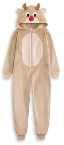 Show Me The Merch Rentier-Einteiler für Jungen, beige, mit Kapuze | Flauschiger, kuscheliger Fleece-Schlafanzug mit Reißverschluss | Unisex-Kinder-Weihnachts-Loungewear