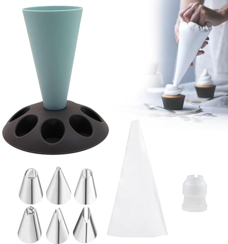 Spritzbeutel Ständer, wiederverwendbarer Spritzbeutelständer mit 8 Düsenschlitzen, 10-teiliges Set Backzubehör, für Cupcakes, Torten, Biskuit Dekor (Seeblau)