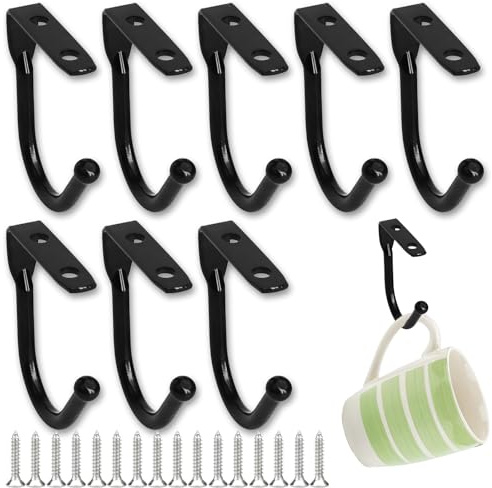 Avavani 8 Set Black Cup Hooks Under Shelf, Heavy Duty Mug Holder | with 16 M4 Screws, Under Cabinet Hooks for Hanging Coffee Cups, Mugs, Kitchen Utensils & Pans (56x40mm)
