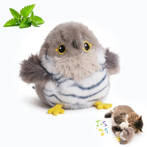 Auveach Katzenspielzeug Vogel Interaktives Zwitscherndes Elektrisch Fliegender Vogel Katzenspielzeug mit Katzenminze, 3 Modi Berührungsaktiviert, USB-Aufladbar (Fliegt Nicht, Grau)