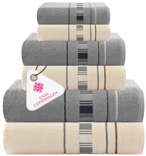 Casa Copenhagen, 6teiliges Designer Handtuch Geschenkset aus 100% ägyptischer Baumwolle –Grau Creme, 600 g/m² (2Badetücher, 2Handtücher, 2Waschhandschuhe) Geschenkbox für Damen & Herren