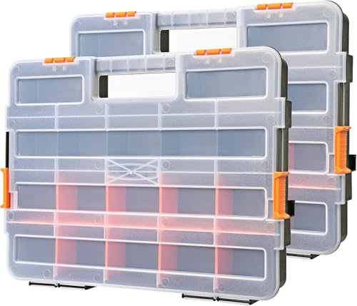 TecoTek 2PCS Toolbox Organizer Sets, 20 Removable Dividers, Durable Plastic Box, Excellent for Screws, Nuts, Small Parts, 34-Compartment, Black/Orange, 2 Pieces Set
