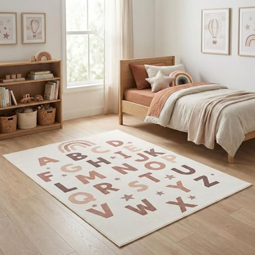 Carpetsale24 Kinderteppich Alphabet Lernteppich für Kinderzimmer in Creme mit Buchstaben Motiv Größe 120x170 cm ideal zum Lernen und Spielen