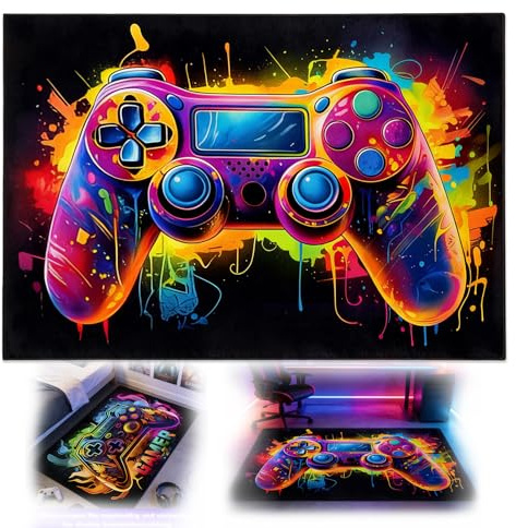 Nocecfi Gaming Teppich Game Controller Design, 80x120cm rutschfest | Kristall-Samt Gamer Teppich, Neon Farben Gaming Zimmer Deko für Arkade, Schlafzimmer, Wohnzimmer-Sofa-Bereich, Kinderzimmer