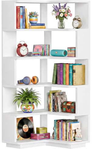 Homieasy Eckregal 5 Ebenen, L-förmiges Bücherregal, Weiß | Standregal, Raumsparend, 60x60x162cm, Kippsicherung, Abgerundete Kanten, Für Wohnzimmer & Büro, MDF