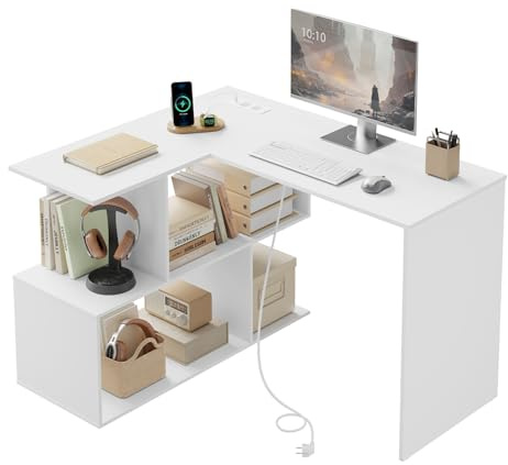 WOLTU Escritorio Esquinero en L, Mesa Ordenador con Estantería | 120 cm, 2 Enchufes y Puerto USB-A y Tipo C, Blanca, para Oficina, Dormitorio, Estudio