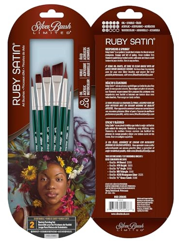 Silver Brush Limited Ruby Satin Variety Oil and Acrylic Brush Set, 6pc | Round, Triangle, Angle, Bright, Monogram Liner, Grass Comb, Short Handle, Fine Point Stiff Synthetic Mongoose Bristle