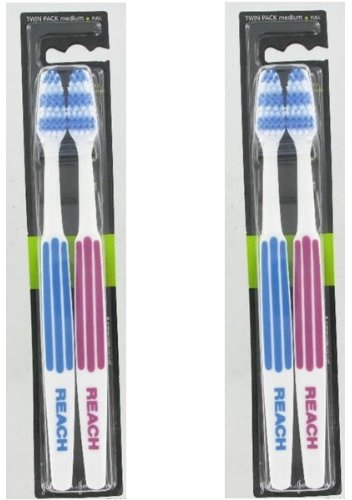 REACH Essential Care Interdental Medio Spazzolino, Confezione Doppia x 2, Testa piena Hard Setole Spazzolini manuali, Varietà di colori Multipack, Quotidiano Orale Smalto Cure odontoiatriche