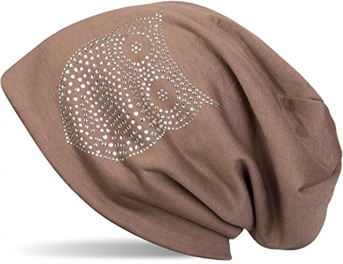 styleBREAKER Klassische Beanie Mütze mit Strass Eulen Applikation, Damen 04024039, Farbe:Braun