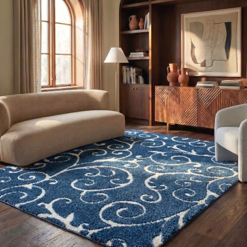 SAFAVIEH Florida Shag Collection Area Rug - 6' x 9', Dark Blue & Cream, Scroll Design, Non-Shedding & Easy to Clean, High-Low Plush Pile, Ideal for Living Room, Bedroom, Dining Space (SG455-6511)