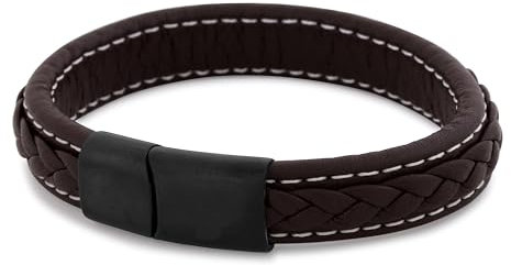 Akitsune Fides Lederarmband | Armschmuck Frauen Herren Edelstahl Männer Armband - Mattschwarz - Braun 19cm