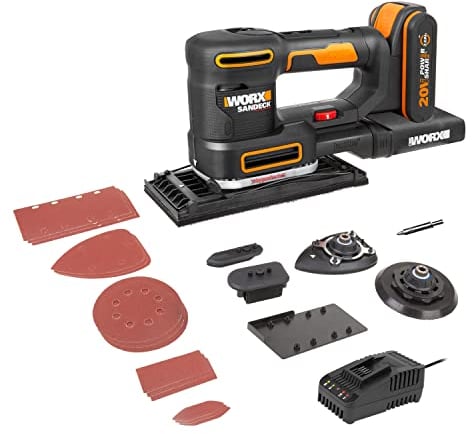 WORX WX820 Cordless Multi Sander, Power Share, 5in1 Orbital, Finishing, Detail, Contour and Finger Sander, Variable Speed, 5X Sanding Pads, 15x Sanding Paper, 1x 2Ah Battery Included, 18V (20V Max)