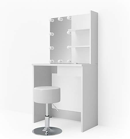 Vicco Schminktisch Dekos, Weiß, 75 cm mit LED Beleuchtung und Hocker