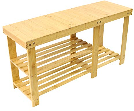 KKTONER Bambus Schuhschrank Schuhregal mit Sitzbank 3 Ablage Schuhbank 87 x 45 x 28 cm (BxHxT)