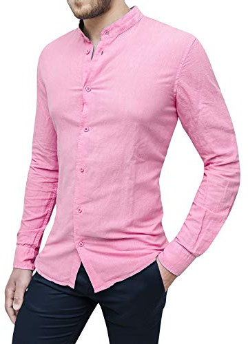 Evoga Camicia di Lino Uomo Sartoriale Primavera Estate Casual Elegante (L, Rosa)
