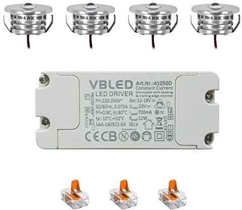 VBLED® 4er Set Mini Einbaustrahler Spot 3W 700mA 160lm warmweiß mit dimmbarem Netzteil