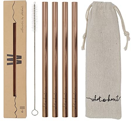 Whatakant Wellenreiter Kupferstrohhalme | 4er Set in Kupfer | nachhaltige Strohhalme mit Baumwollsäckchen und Reinigungsbürste | wiederwendbar und to go Trinkhalme | 15,5 cm Länge