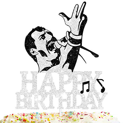 Happy Birthday Cake Topper King of Rock Thema Silber Glitzer Decor Picks für Queen Freddie Mercury Party Dekorationen Supplies