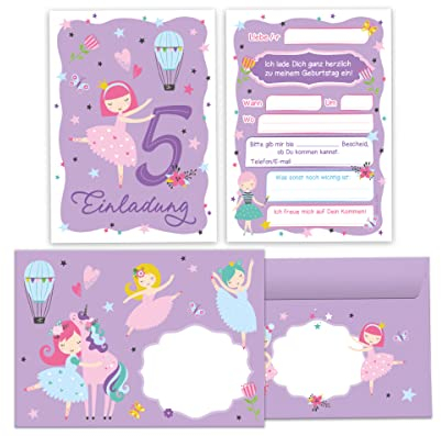 Junapack 12 Einladungskarten incl. 12 Umschläge zum 5. Kindergeburtstag fünfte Geburtstag Mädchen Ballerina
