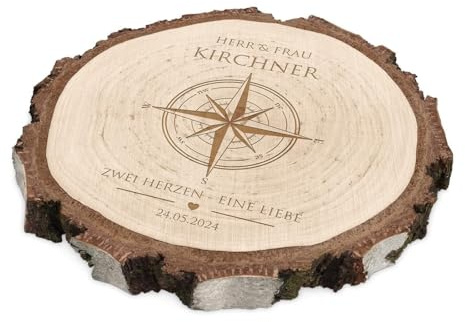 Maverton runde Deko Holzscheibe mit Gravur, Untersetzer aus Birkenholz | Durchmesser: 16-22 cm, Dicke: 1,5-2,5 cm, Holzkreise personalisiert, Deko Baumscheibe für Paar, Windrose