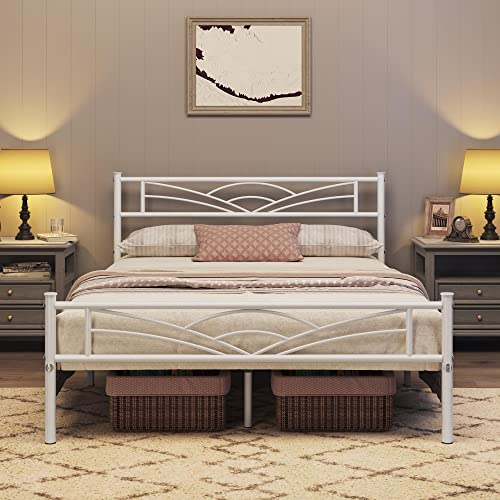 costoffs 4ft6 Metal Double Platform Bed Frame Solid Bedstead Base with Cloud-inspired Design Headboard and Footboard, Under-bed Storage Space, Fits for Adults/Teenager White