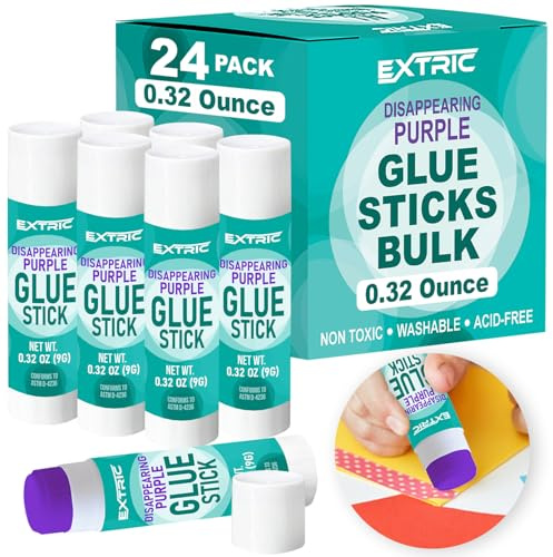 EXTRIC Glue Sticks Bulk Classroom 24 PK Purple Glue for Kids 0.32 OZ | Quantity: 24 Count, Size: 0.32 Ounce, Colors: Disappearing Purple, Great for: Kids, School, Home