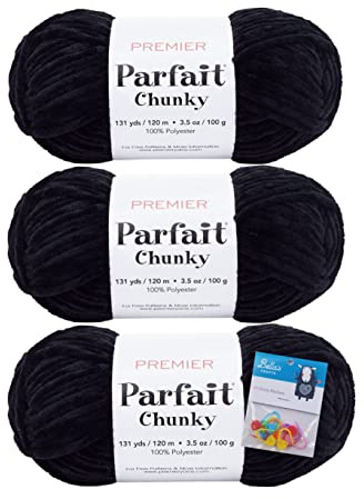 Premier Parfait Chunky Chenille Yarn 3 Pk Bundle with Bella's Crafts Markers (Black)