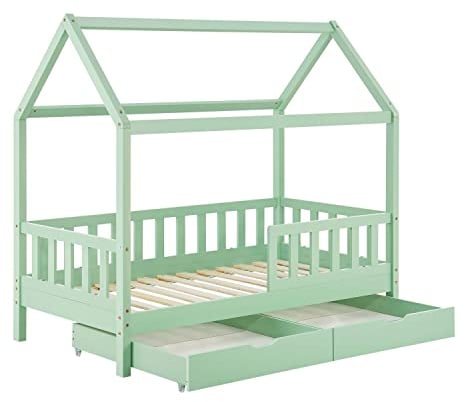 Juskys Kinderbett Marli 90 x 200 cm mit Bettkasten 2-teilig, Rausfallschutz, Lattenrost & Dach - Massivholz Hausbett für Kinder - Bett in Mint