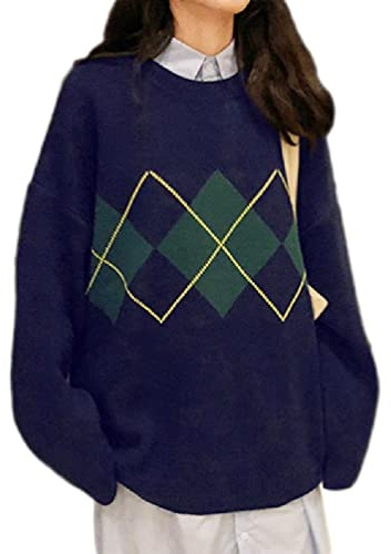 Myazs Damen Langarm O-Neck Sweater Argyle Plaid Muster Oversized Knitwear Tops Pullover Weste Damen Argyle