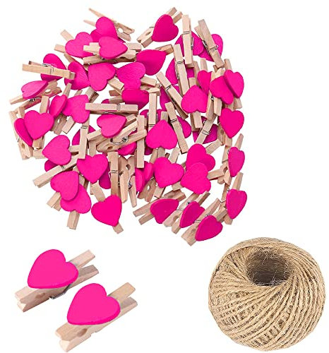 Lot de 100 mini pinces à linge en bois en forme de cœur avec cœur, 3 cm, petites épingles à linge avec ficelle pour affichage de photos, bricolage, décoration de mariage et de fête prénatale
