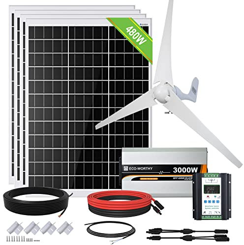 ECO-WORTHY 24V 880W Solar Wind Turbine Generator Kit with Inverter for Home:400W Wind Turbine Generator + 4pcs 120W Mono Solar Panel + 40A Hybrid Controller + 3000W 24V Pure Sine Wave Inverter¡