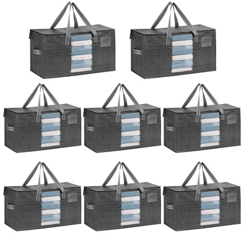 VENO 8 Pack Moving Bags, Comforter and Blanket Storage Bags for Closet, Moving Boxes, Boxes with Lids Alternative, College Dorm Packing Supplies, Foldable Heavy-Duty Tote with Window (Gray, 8 Pack)