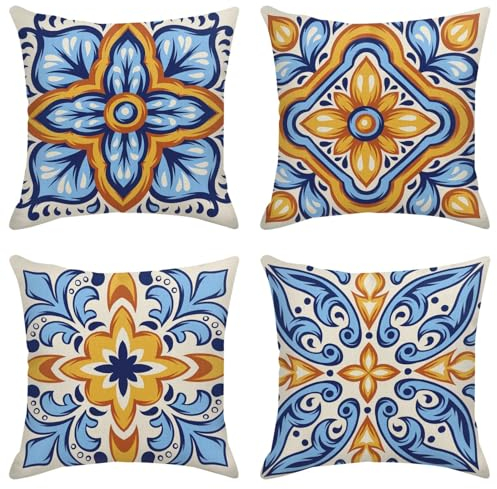 Sanwarm Dekokissenbezüge, Heimdekoration, italienische mexikanische Keramik, Talavera-Kissenbezüge, dekorativ, 45,7 x 45,7 cm, für den Außenbereich, Couch, Sofa, 4 Stück
