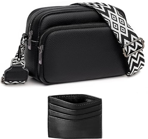 ANYWN Crossbody Bag Damen Breiter Gurt Echtleder, kleine Handtasche Damen Umhängetasche, Umhängetasche damen breiter gurt, Handytasche Zum Umhängen Frauen mit Abnehmbar Schultergurt Schwarz