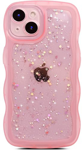 Qokey for iPhone 13 Mini Case 5.4 Curly Wave Edge Design Transparent Bling Glitter Star Shiny Cute Clear Transparent Full Protection Soft TPU Shockproof Phone Cover for Women Girls,Pink