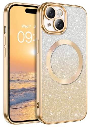 DUEDUE für iPhone 15 Hülle Glitzer 6.1'', iPhone 15 Handyhülle Glitzer mit Mag-Safe Magnetische Stoßfeste Schutzhülle Soft TPU für iPhone 15 Hülle Mag-Safe Magnetische 6.1 Gold