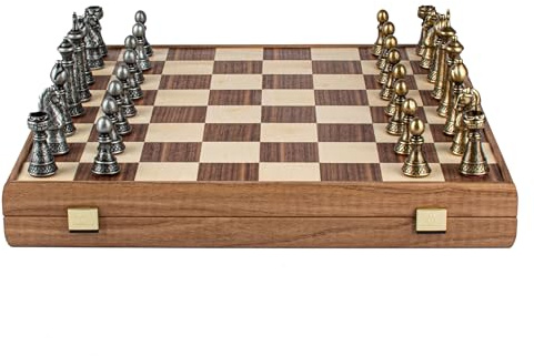 Uber Games Manopoulos, Premium Brass Pewter Staunton Chess set, 46cm x 46cm | Oak chess board & Wooden Storage Box, 18 inches x 18 inches, Classic Strategy Board Game