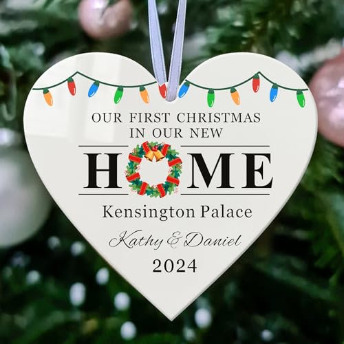 Personalised First Christmas Baubles Gifts for New Home 1st Christmas Tree Decorations with Any Address & Name & Year Custom White Acrylic Xmas Ornaments Gifts for Family New Home(Design 3, Heart)