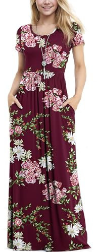 Anelune Women's 2024 Summer Casual Flutter Short Sleeve Crew Neck Smocked Elastic Waist Tiered Midi Dress with Pockets(Floral Wine red-XL)