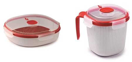 Snips, Dampfgarer für die Mikrowelle, 2 L, 24,5 x 24,5 x 7 cm, Mikrowellendose Farbe Weiß und Rot, Hergestellt in Italien & Becher für heiße Getränke und Suppen für die Mikrowelle