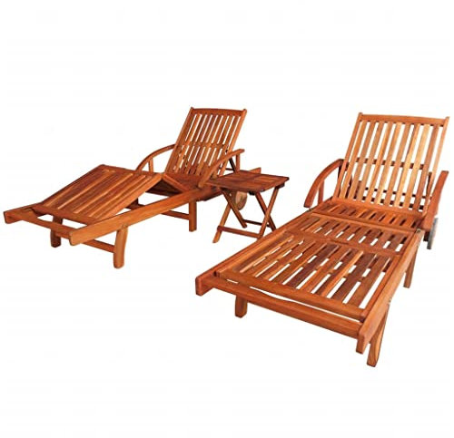 ULUYYUC Lot de 2 chaises longues longues - Avec table - En bois d'acacia massif - Convient pour piscines, plages, terrasses