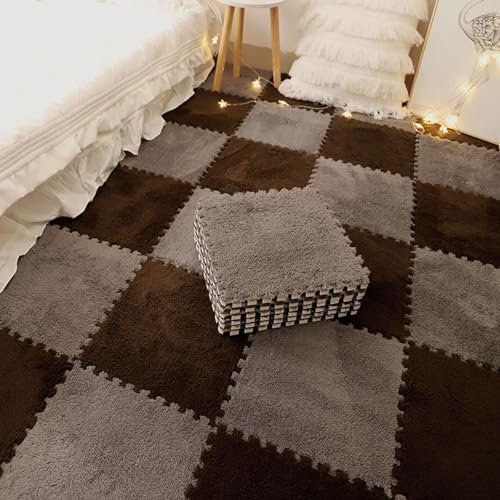 40Pcs 12x12in Interlocking Carpet Square,Plush Foam Carpet Tiles Fluffy Floor Mats Set,38.4 Sq.Ft Home/school Non Silp Floor Tiles Puzzle Mat With Border(Color:Dark coffee + gray)