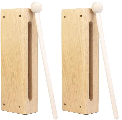 QWORK Wood Percussion Instrument Set - 2 Pack Wooden Sound Blocks with Mallets, for Concerts, Recordings & Community Bands