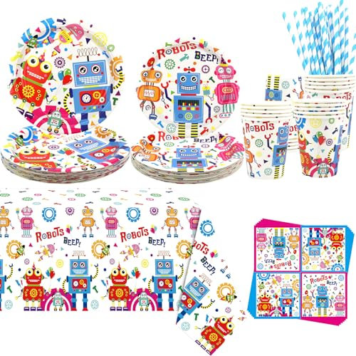 Robot Birthday Party Decoration - Supplies Include Plates, Tablecloth, Napkins, Tableware for Boys Girls Kids Baby Shower, Serves 20