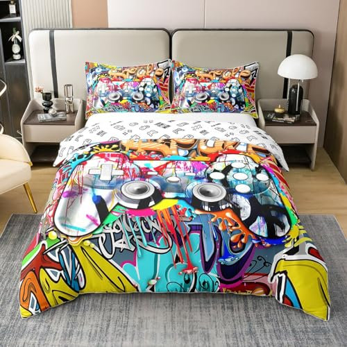 Loussiesd Kinder Spieler Bettwäsche Set 135x200cm 100% Baumwolle Hippie Graffiti Stil Bettbezug Set für Kinder Jungen Mädchen Graffiti Spielen Betten Set Straßenkultur mit 1 Kissenbezug